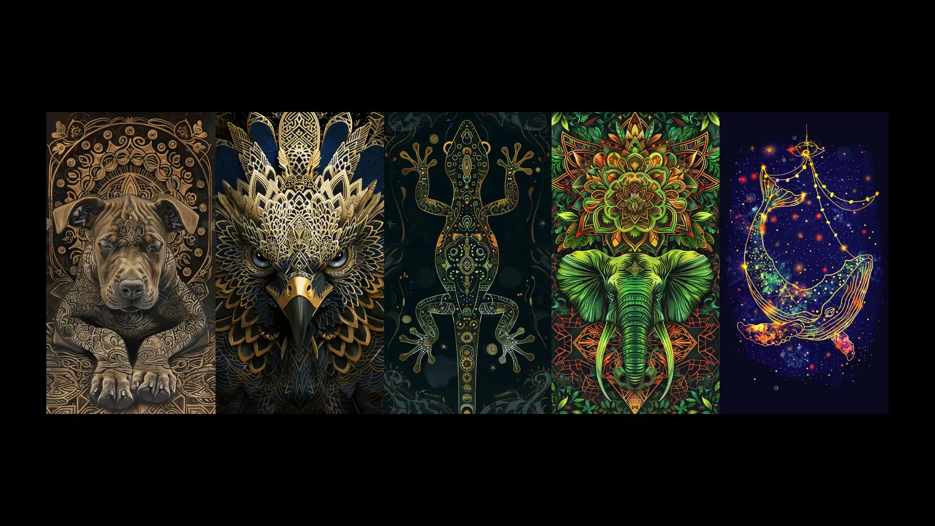 Spirit animals in motion – Animantras collection of dog, eagle, gecko, elephant, and whale as mystical guides between nature and spirit.